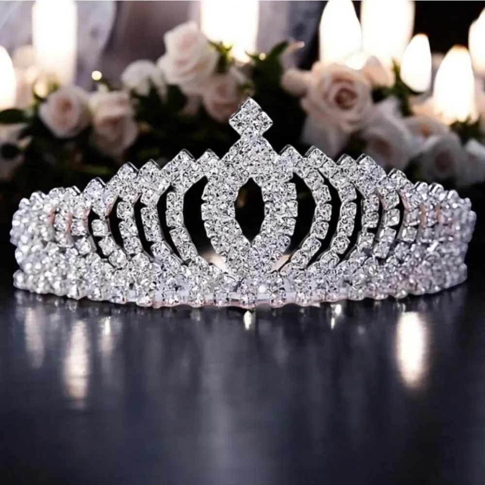 Silver Rhinestone Princess Tiara Crown Bridal Pageant Quinceañera Sweet 16 Party